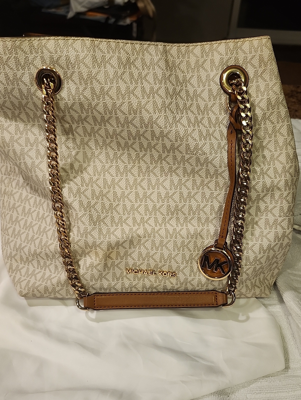 Michael Kors Beige Logo Chain-Handle Tote with Gold Hardware